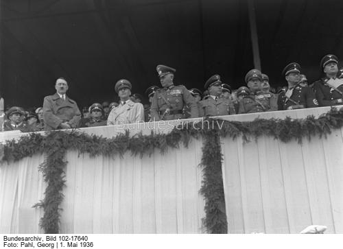 Adolf Hitler at the tribune of Berlin's Poststadion before the HJ for the May Day celebration